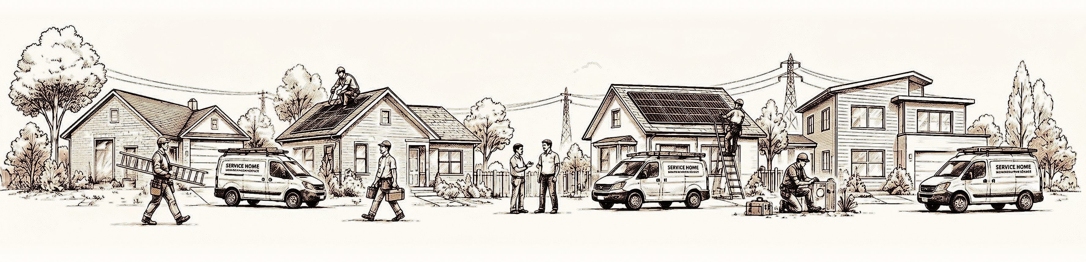 Proper Trades multi-service hand-drawn property panorama illustration